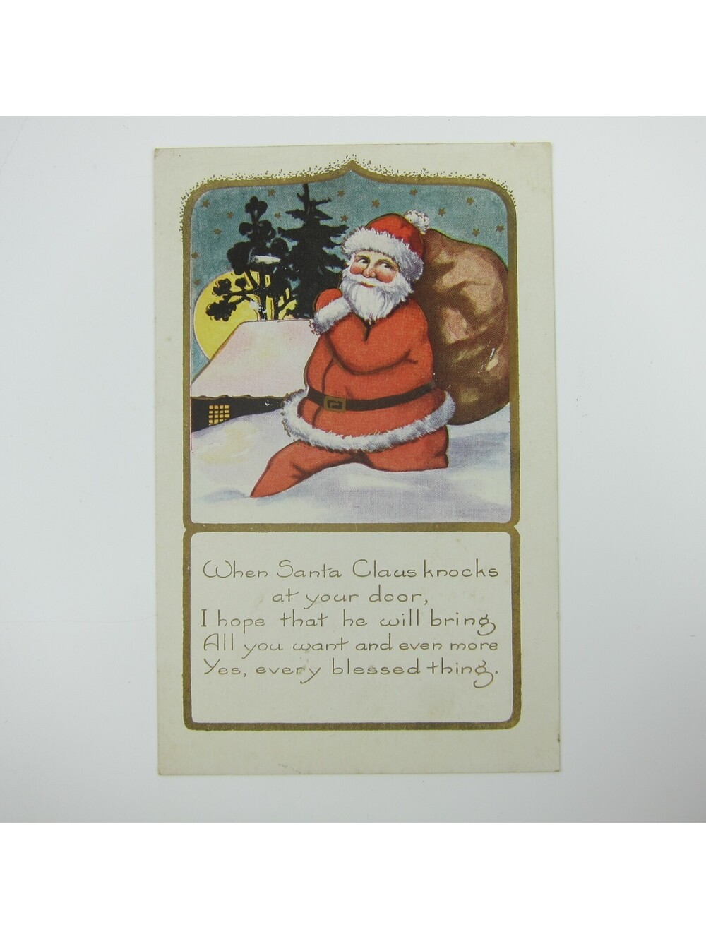 Christmas Postcard Santa Hikes in Snow Toy Bag Cabin Moon Night Whitney Antique